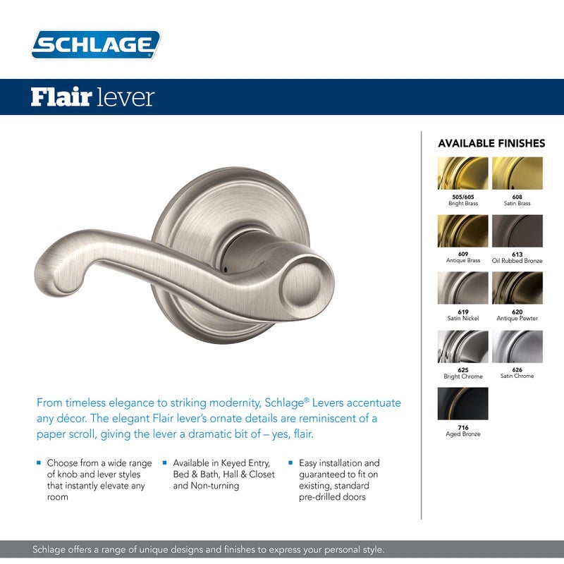 Schlage F170 FLA 609 RH Right Handed Flair Door Lever  One Sided Non-Turning Dummy Door Handle  Antique Brass - Image 2